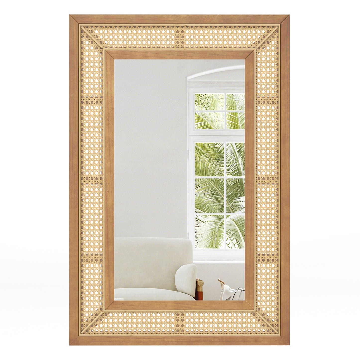 Rattan Decorative Wall Mirror, Wooden Frame, Natural