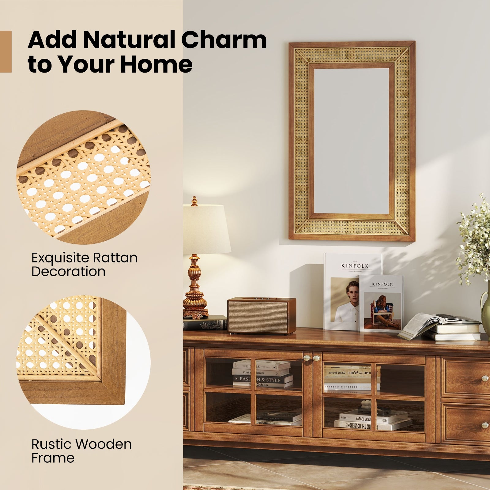 Rattan Decorative Wall Mirror with Wooden Frame for Bathroom and Living Room, Natural Wall Mirrors at Gallery Canada