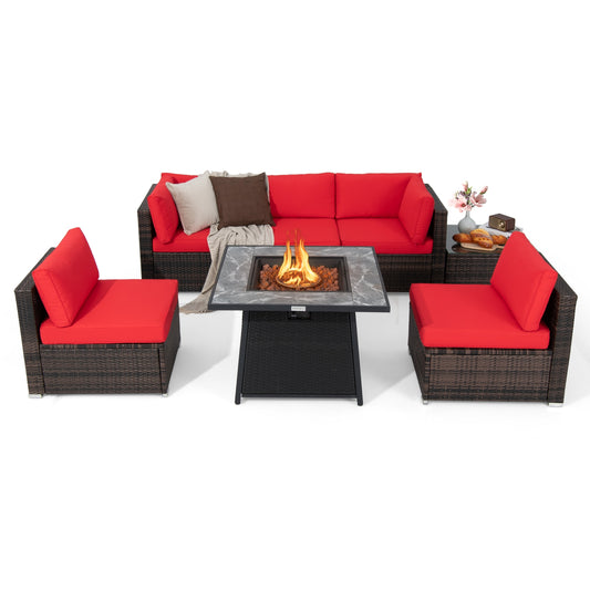 7 Piece Patio Set, 35 Inches 50000 BTU Propane Fire Pit Table, Red Patio Dining Sets Red at Gallery Canada