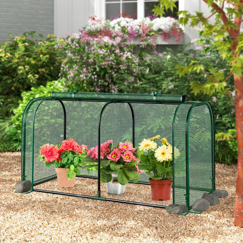 Mini Tunnel Greenhouse with Roll-up Zipper Door, Green