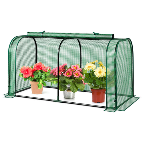 Mini Tunnel Greenhouse with Roll-up Zipper Door, Green