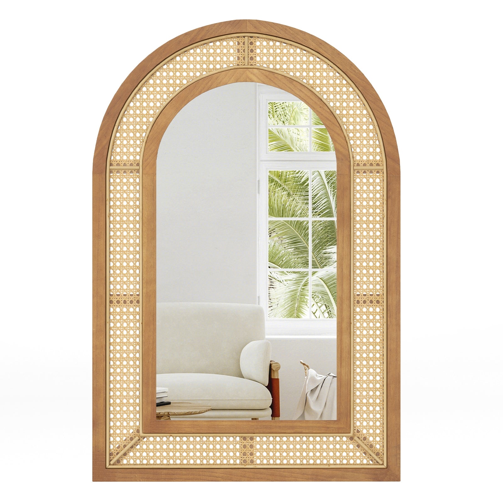 35.5 Inches x 23.5 Inches Rattan Wall Mounted Decorative Mirror with Wooden Frame, Natural Wall Mirrors Natural at Gallery Canada