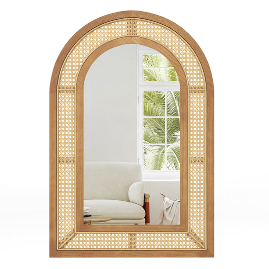 35.5 Inches x 23.5 Inches Rattan Wall Mounted Decorative Mirror with Wooden Frame, Natural Wall Mirrors Natural at Gallery Canada