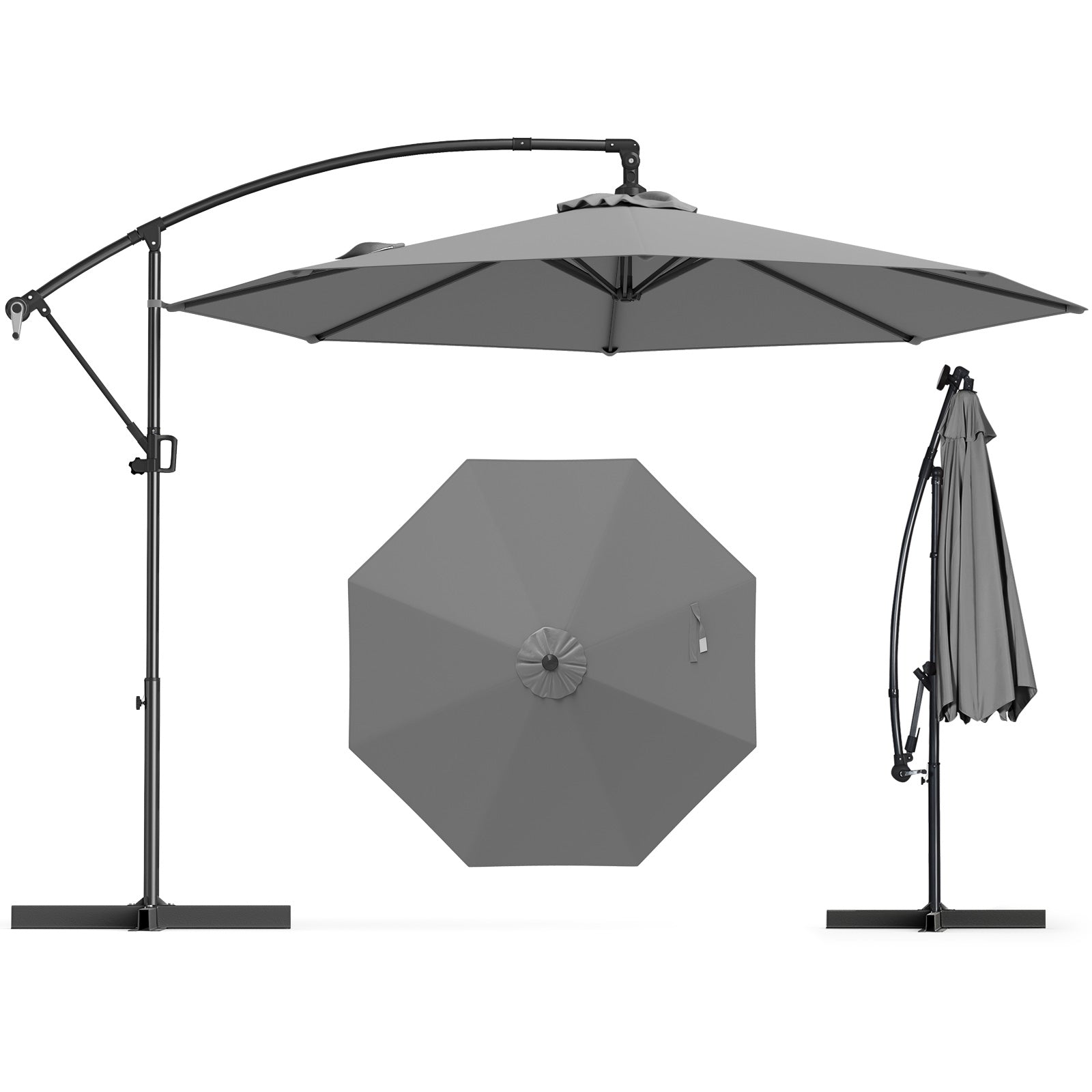 10 Feet Offset Hanging Umbrella with Base and Infinite Tilt, Gray Outdoor Umbrellas at Gallery Canada