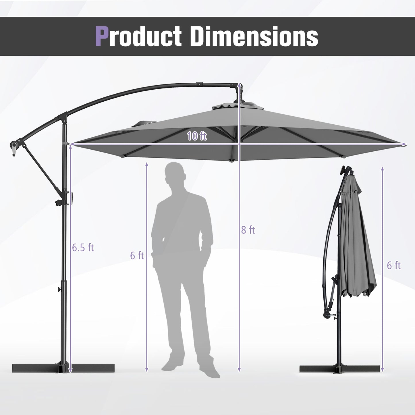 10 Feet Offset Hanging Umbrella with Base and Infinite Tilt, Gray Outdoor Umbrellas at Gallery Canada