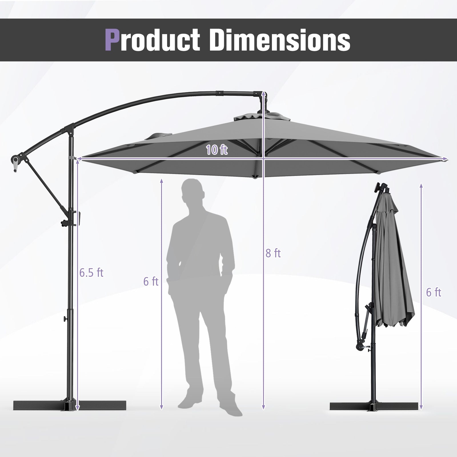 10 Feet Offset Hanging Umbrella with Base and Infinite Tilt, Gray Outdoor Umbrellas at Gallery Canada