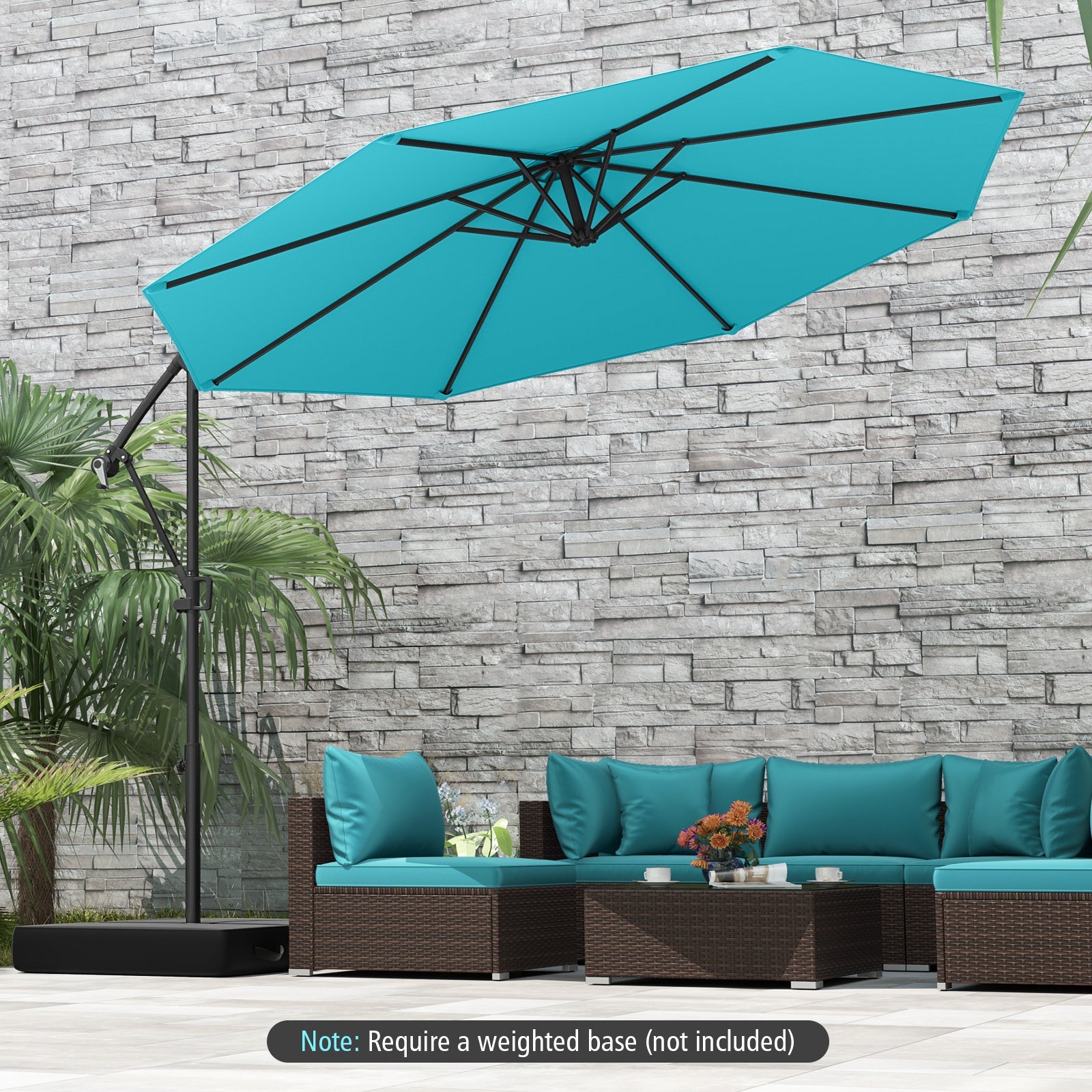 10 Feet Offset Hanging Umbrella with Base and Infinite Tilt, Turquoise Outdoor Umbrellas at Gallery Canada