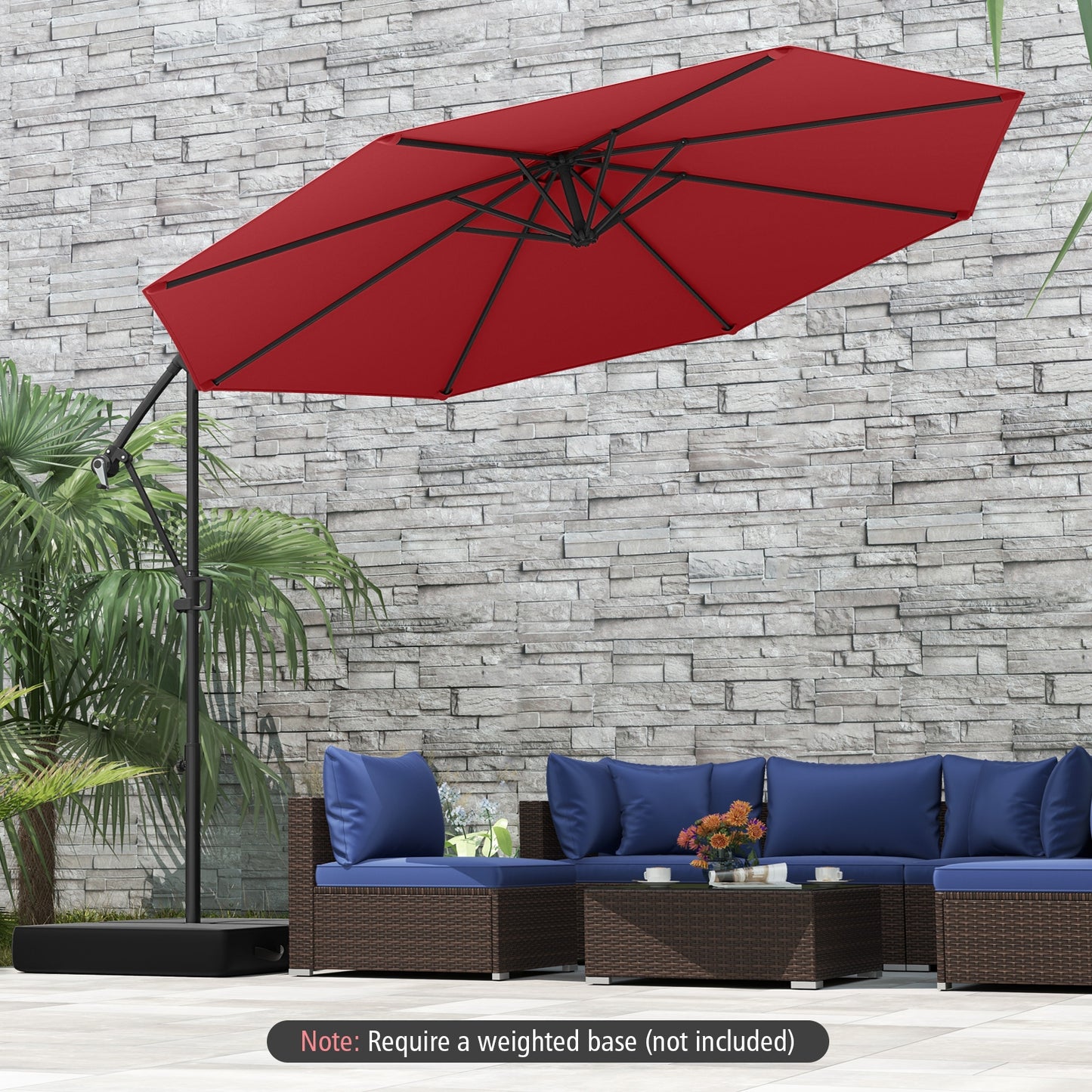 10 Feet Offset Hanging Umbrella with Base and Infinite Tilt, Wine Outdoor Umbrellas at Gallery Canada