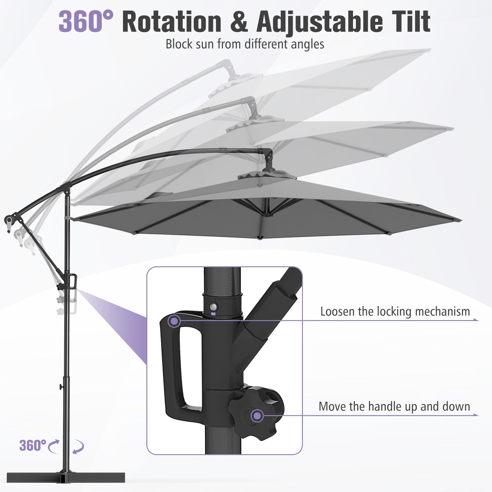 10 Feet Offset Hanging Umbrella with Base and Infinite Tilt, Gray Outdoor Umbrellas at Gallery Canada