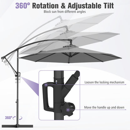 10 Feet Offset Hanging Umbrella with Base and Infinite Tilt, Gray Outdoor Umbrellas at Gallery Canada