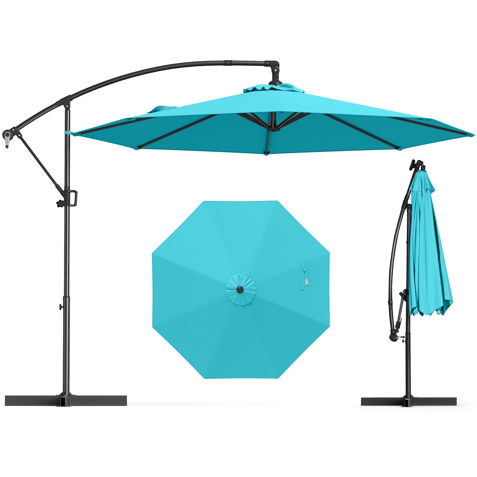 10 Feet Offset Hanging Umbrella with Base and Infinite Tilt, Turquoise Outdoor Umbrellas at Gallery Canada