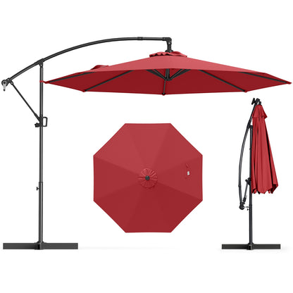 10 Feet Offset Hanging Umbrella with Base and Infinite Tilt, Wine Outdoor Umbrellas at Gallery Canada
