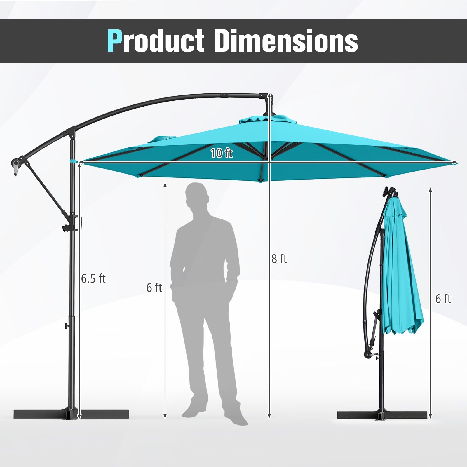 10 Feet Offset Hanging Umbrella with Base and Infinite Tilt, Turquoise Outdoor Umbrellas at Gallery Canada