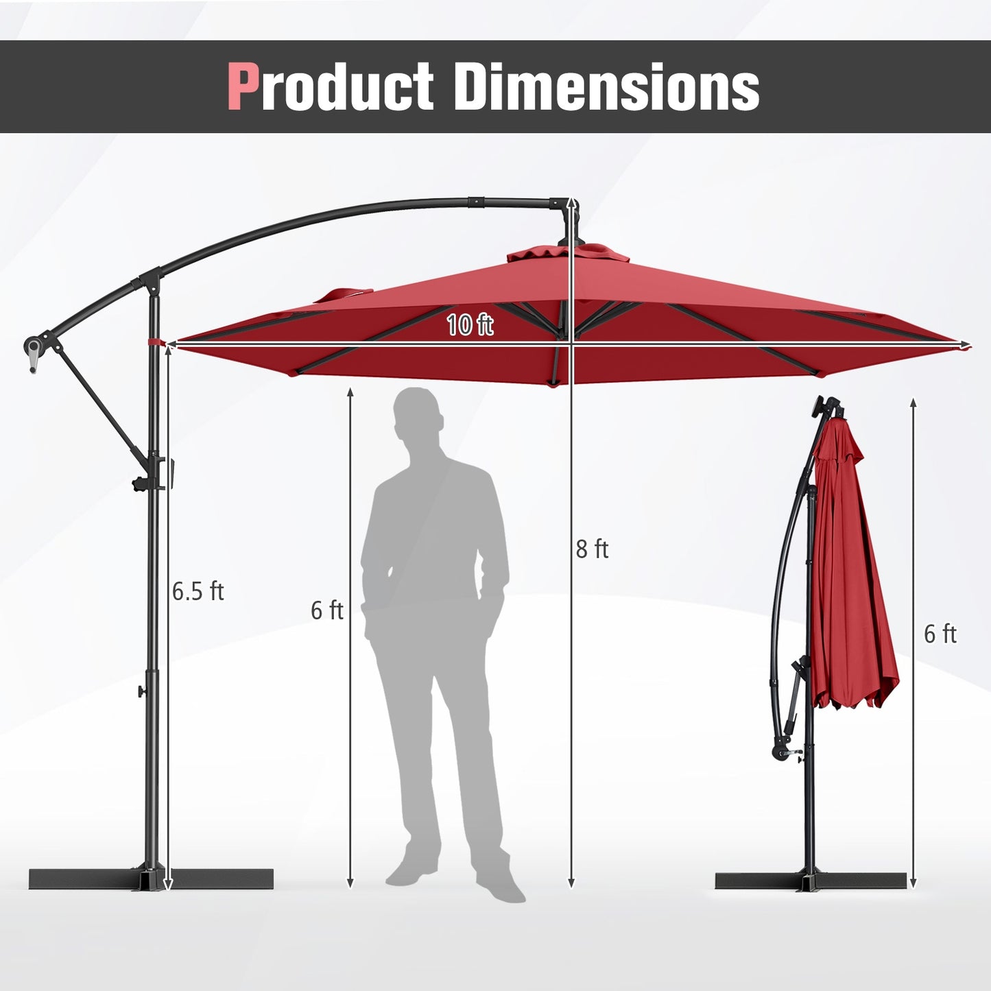 10 Feet Offset Hanging Umbrella with Base and Infinite Tilt, Wine Outdoor Umbrellas at Gallery Canada