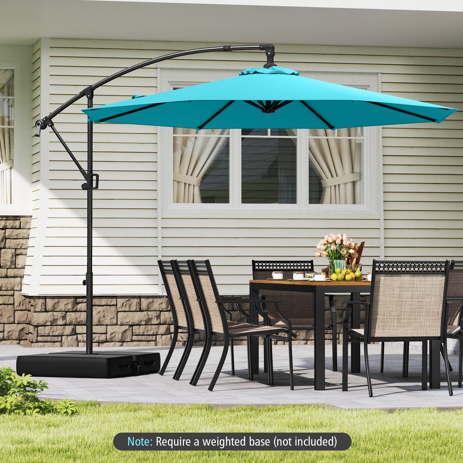 10 Feet Offset Hanging Umbrella with Base and Infinite Tilt, Turquoise Outdoor Umbrellas at Gallery Canada