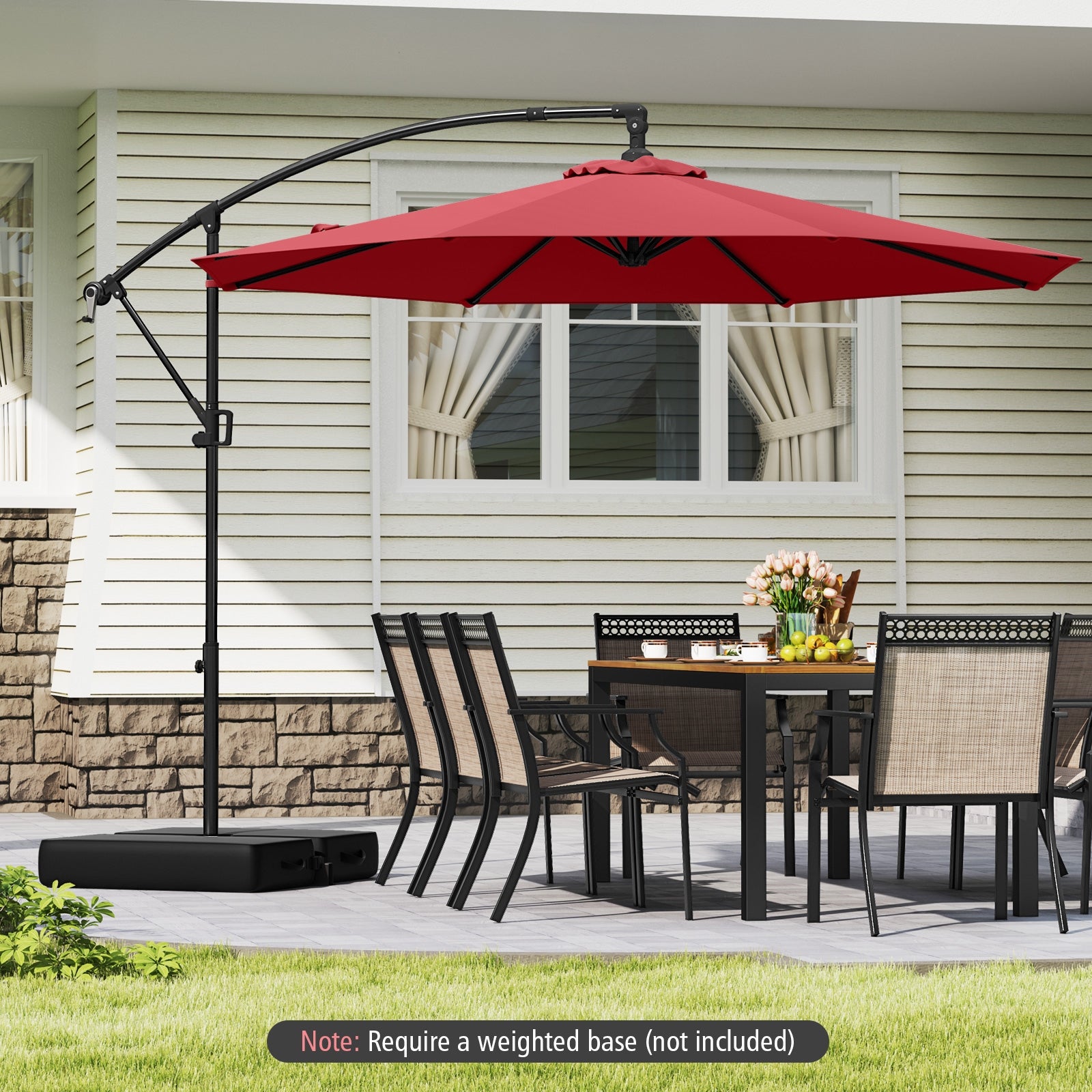 10 Feet Offset Hanging Umbrella with Base and Infinite Tilt, Wine Outdoor Umbrellas at Gallery Canada