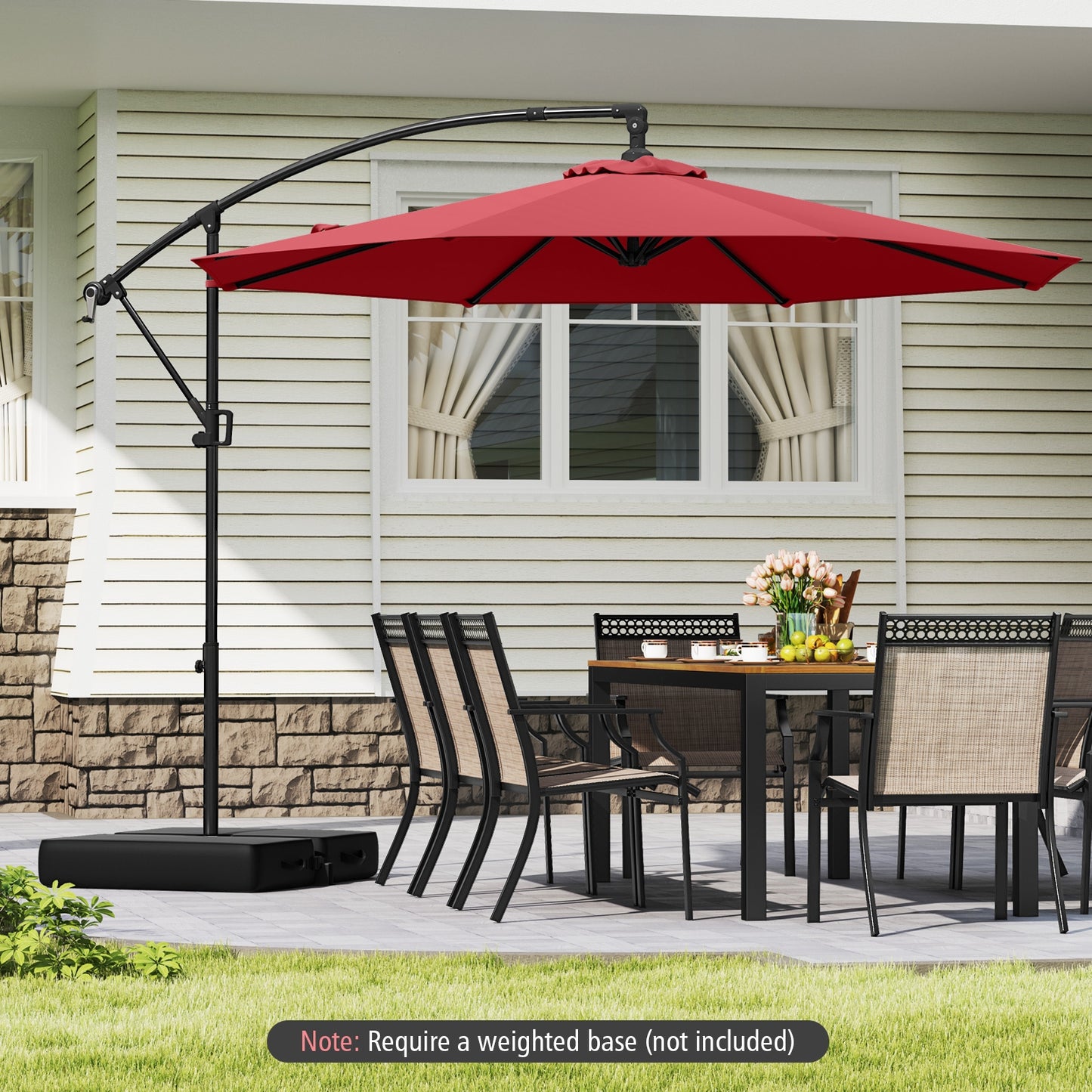 10 Feet Offset Hanging Umbrella with Base and Infinite Tilt, Wine Outdoor Umbrellas at Gallery Canada