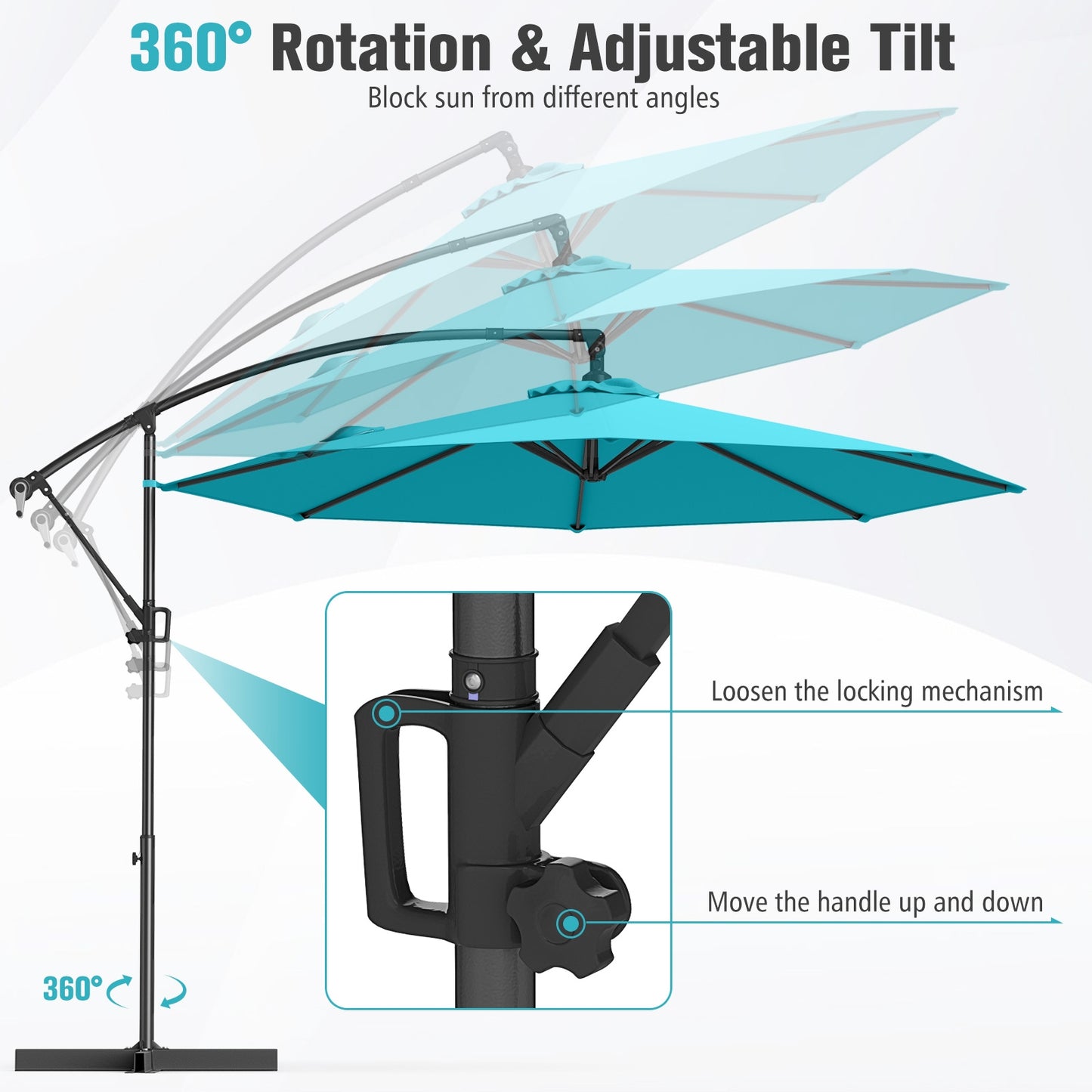 10 Feet Offset Hanging Umbrella with Base and Infinite Tilt, Turquoise Outdoor Umbrellas at Gallery Canada