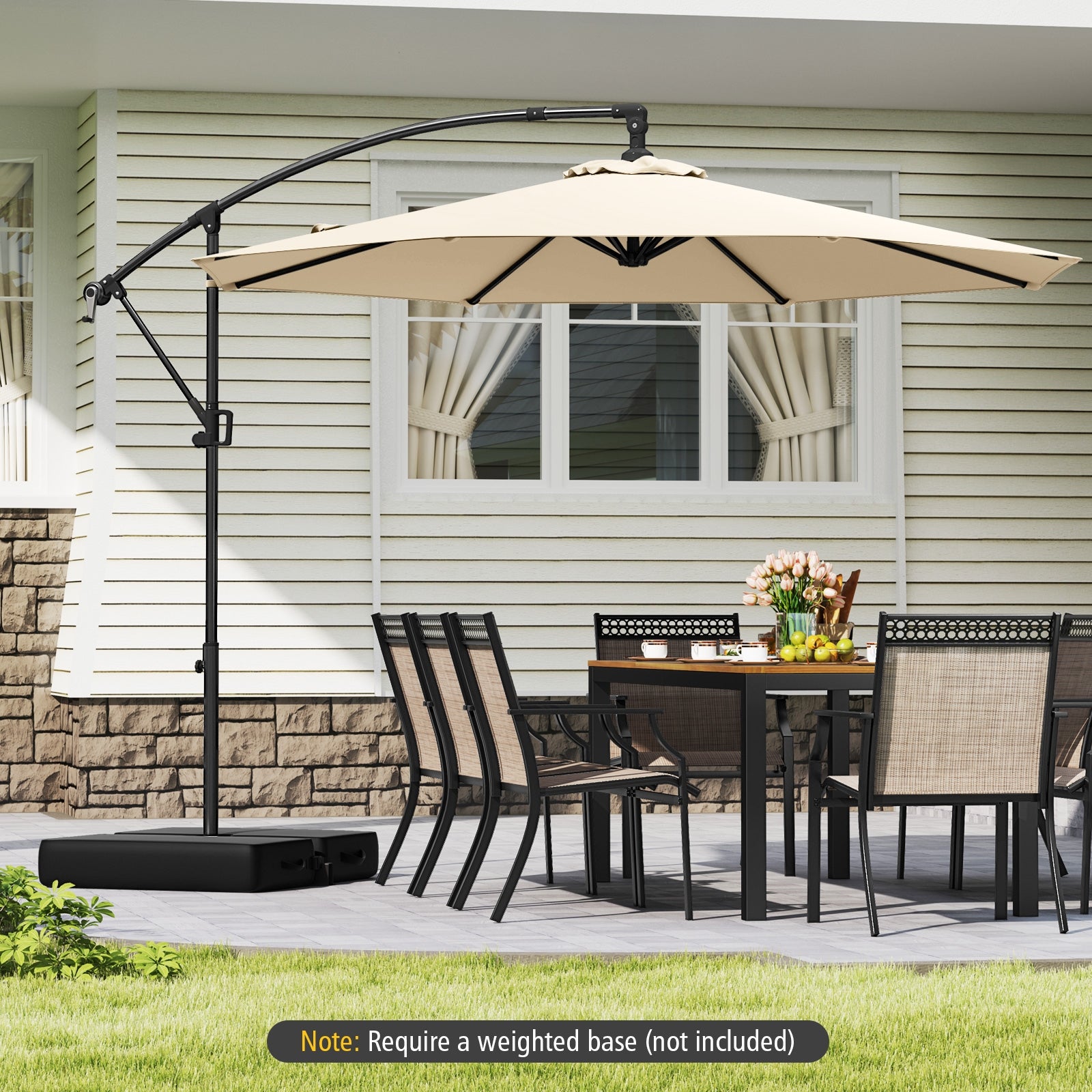 10 Feet Offset Hanging Umbrella with Base and Infinite Tilt, Beige Outdoor Umbrellas at Gallery Canada