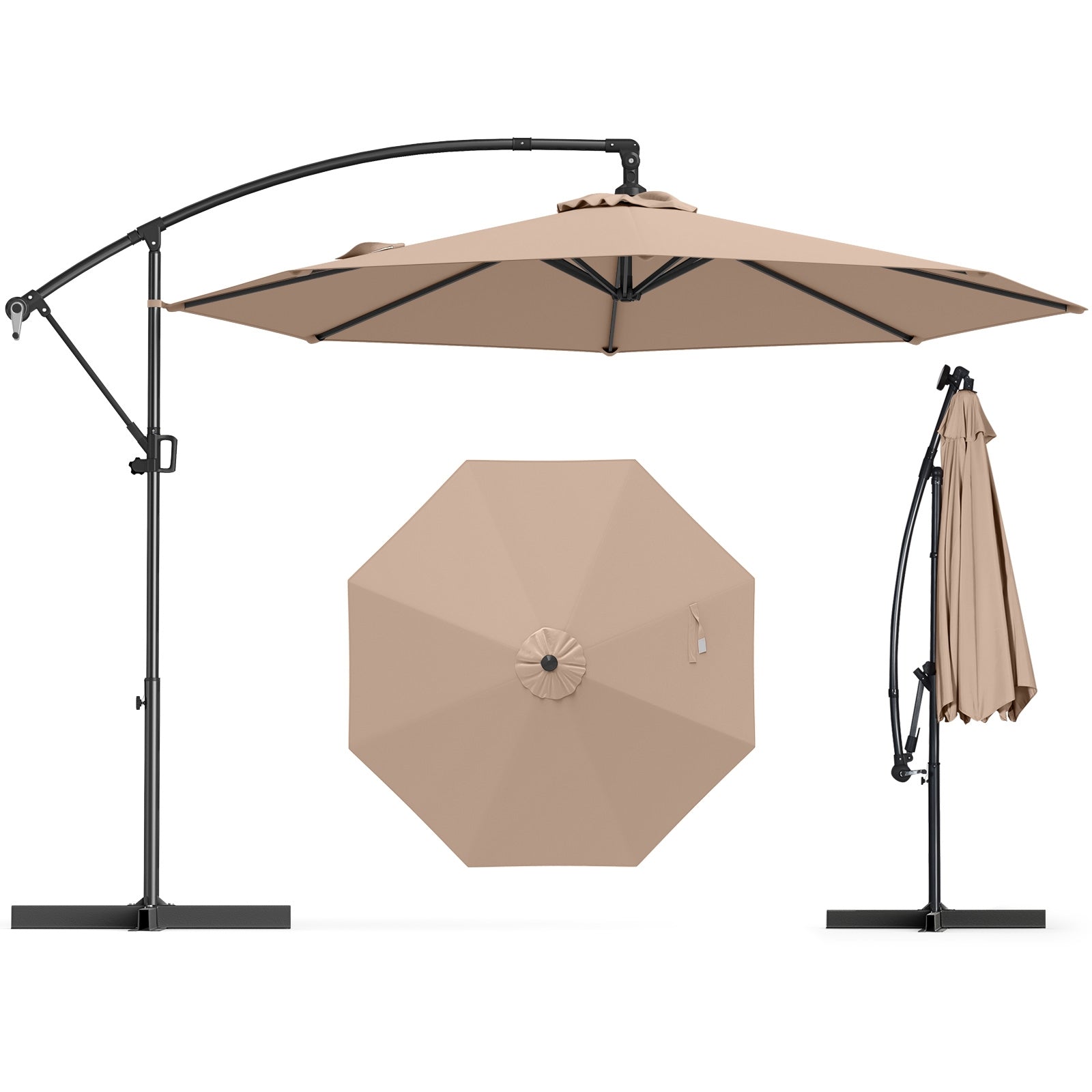 10 Feet Offset Hanging Umbrella with Base and Infinite Tilt, Coffee Outdoor Umbrellas at Gallery Canada