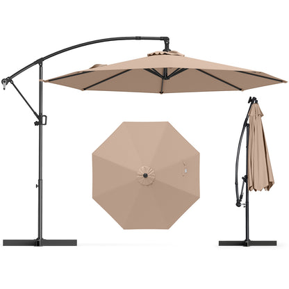 10 Feet Offset Hanging Umbrella with Base and Infinite Tilt, Coffee Outdoor Umbrellas at Gallery Canada
