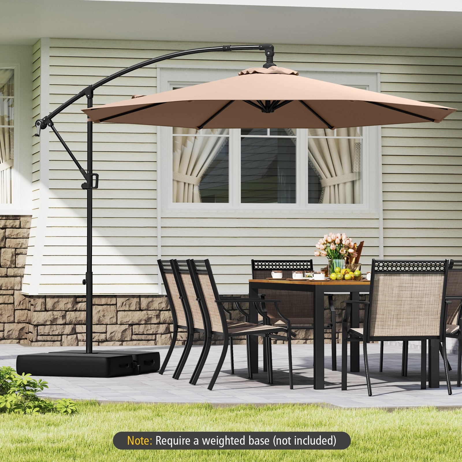 10 Feet Offset Hanging Umbrella with Base and Infinite Tilt, Coffee Outdoor Umbrellas at Gallery Canada