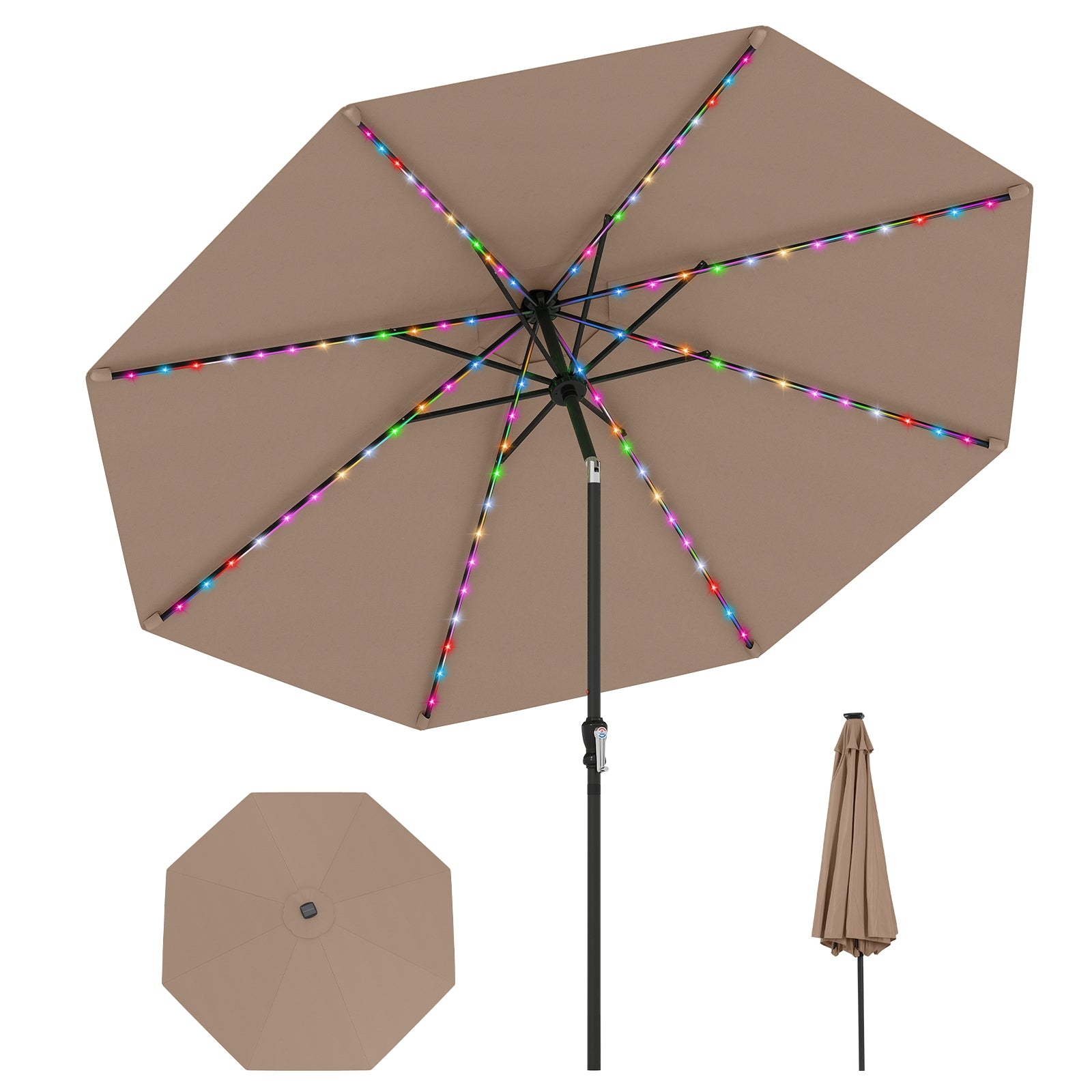 10 Feet Solar Patio Umbrella with 96 Multi-Colored Flowing LED Lights and Tilt Adjustment, Coffee Outdoor Umbrellas Coffee at Gallery Canada
