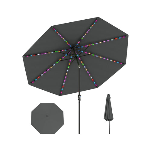 10 Feet Solar Patio Umbrella, 96 Multi-Colored LED Lights, Tilt Adjustment, Gray