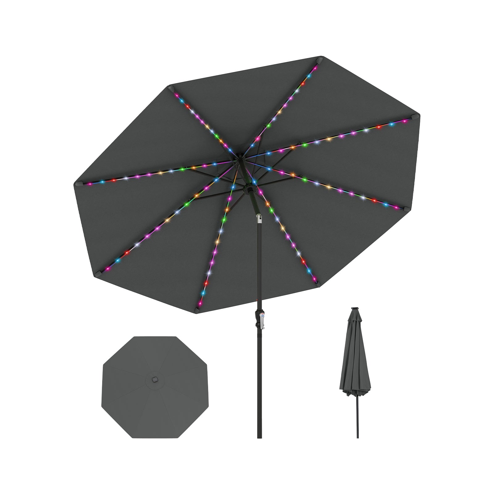 10 Feet Solar Patio Umbrella, 96 Multi-Colored LED Lights, Tilt Adjustment, Gray Outdoor Umbrellas at Gallery Canada