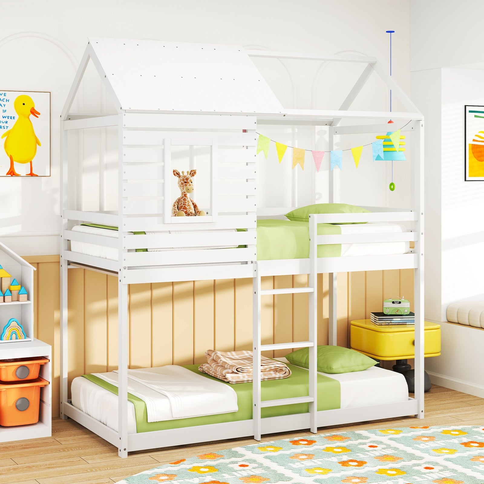 Twin over Twin House Bunk Bed with Roof and Full-length Guardrails, White Bunk Bed Frame at Gallery Canada