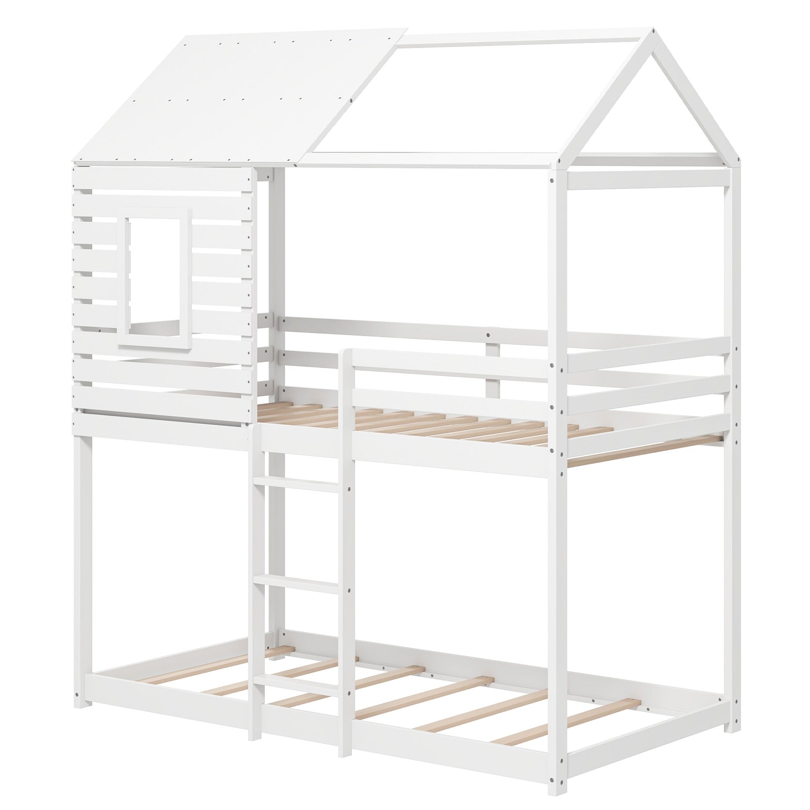 Twin over Twin House Bunk Bed with Roof and Full-length Guardrails, White Bunk Bed Frame White at Gallery Canada