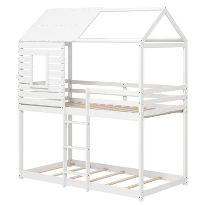 Twin over Twin House Bunk Bed with Roof and Full-length Guardrails, White Bunk Bed Frame White at Gallery Canada