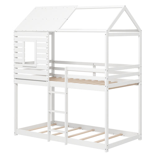 Twin over Twin House Bunk Bed with Roof and Full-length Guardrails, White