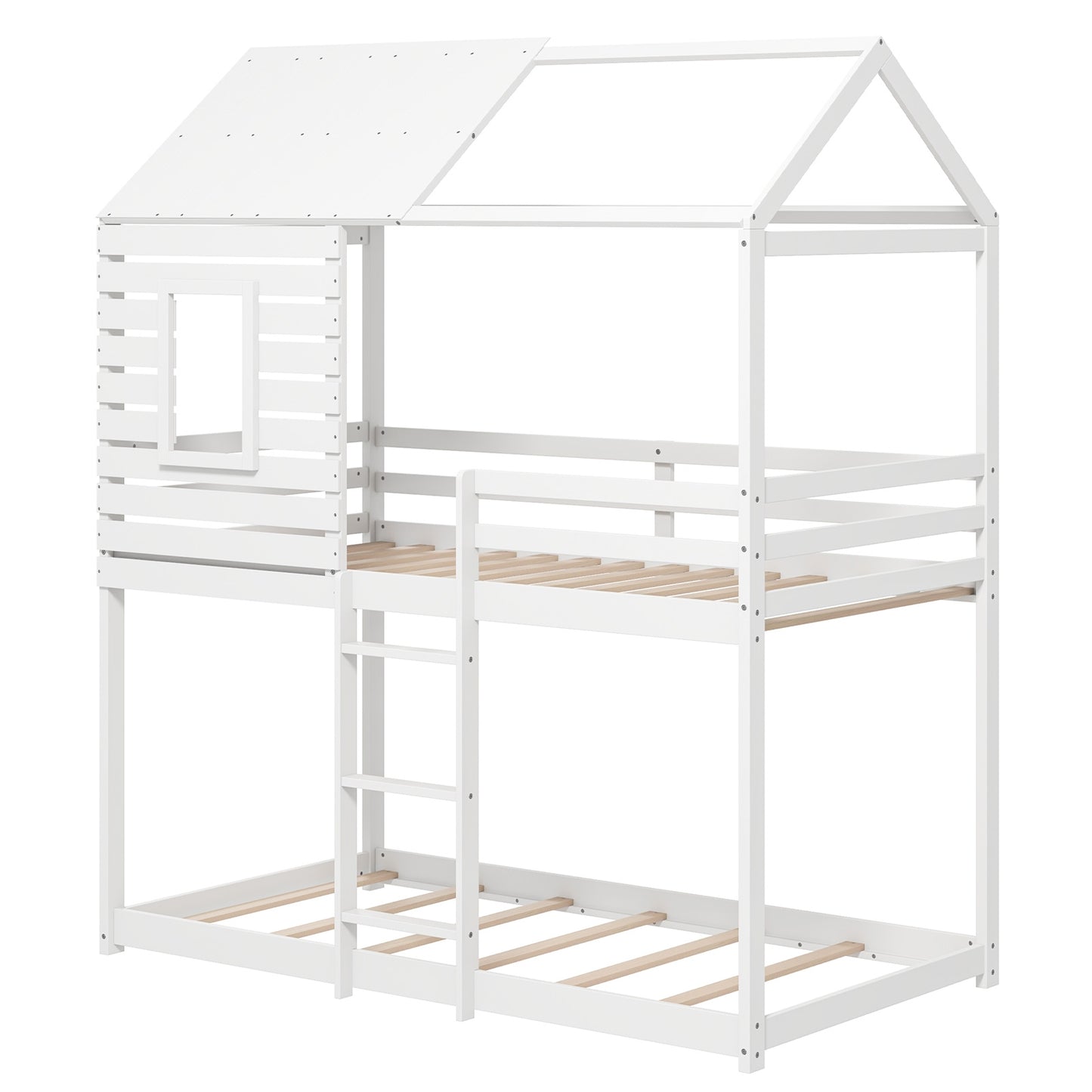 Twin over Twin House Bunk Bed with Roof and Full-length Guardrails, White Bunk Bed Frame at Gallery Canada
