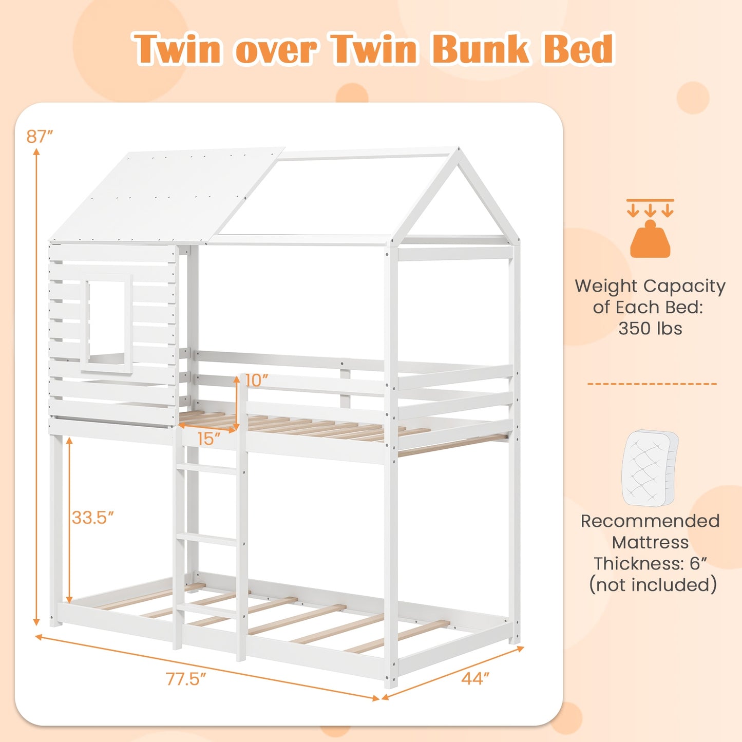 Twin over Twin House Bunk Bed with Roof and Full-length Guardrails, White Bunk Bed Frame at Gallery Canada