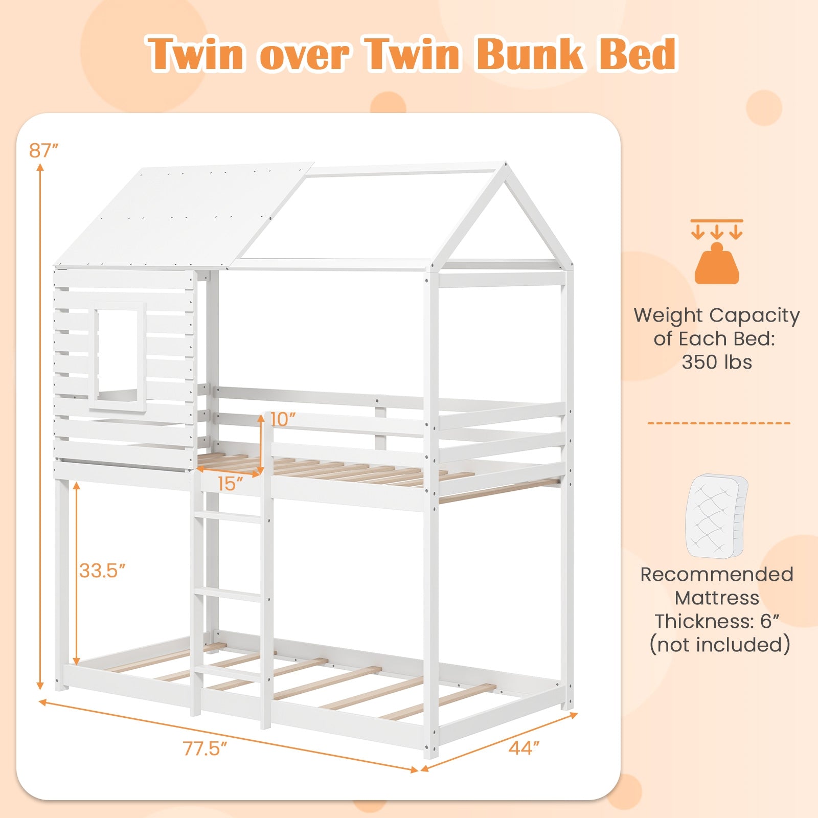 Twin over Twin House Bunk Bed with Roof and Full-length Guardrails, White Bunk Bed Frame at Gallery Canada