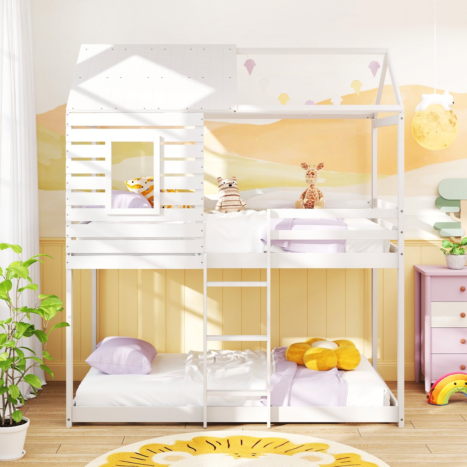 Twin over Twin House Bunk Bed with Roof and Full-length Guardrails, White Bunk Bed Frame at Gallery Canada