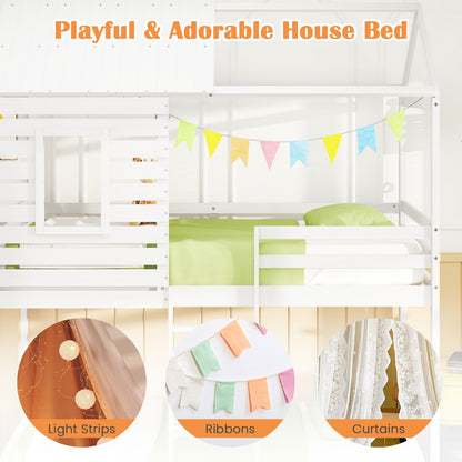 Twin over Twin House Bunk Bed with Roof and Full-length Guardrails, White Bunk Bed Frame at Gallery Canada