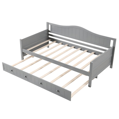 Twin Size Daybed with Trundle and Slats Support on Wheels, Gray