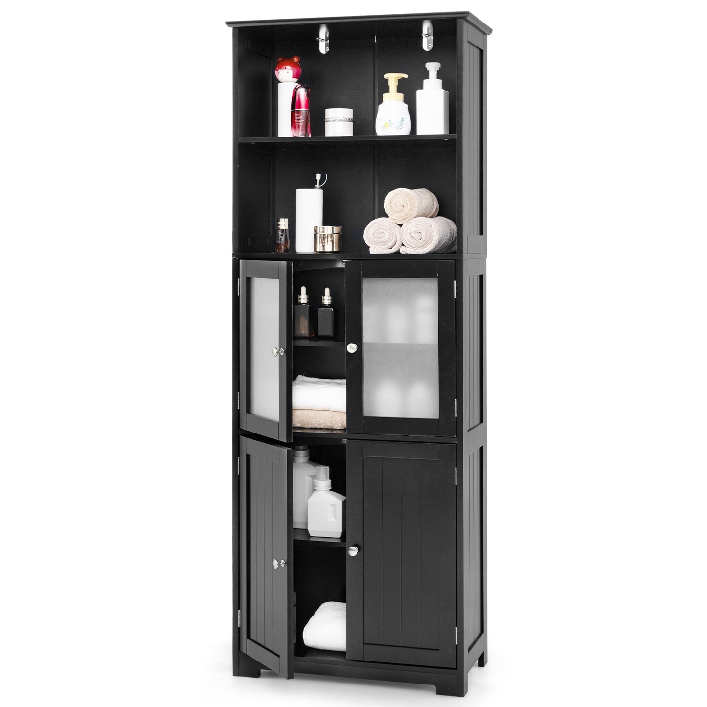 6-Tier Freestanding Bathroom Cabinet with 2 Open Compartments and Adjustable Shelves, Black Floor Cabinets at Gallery Canada
