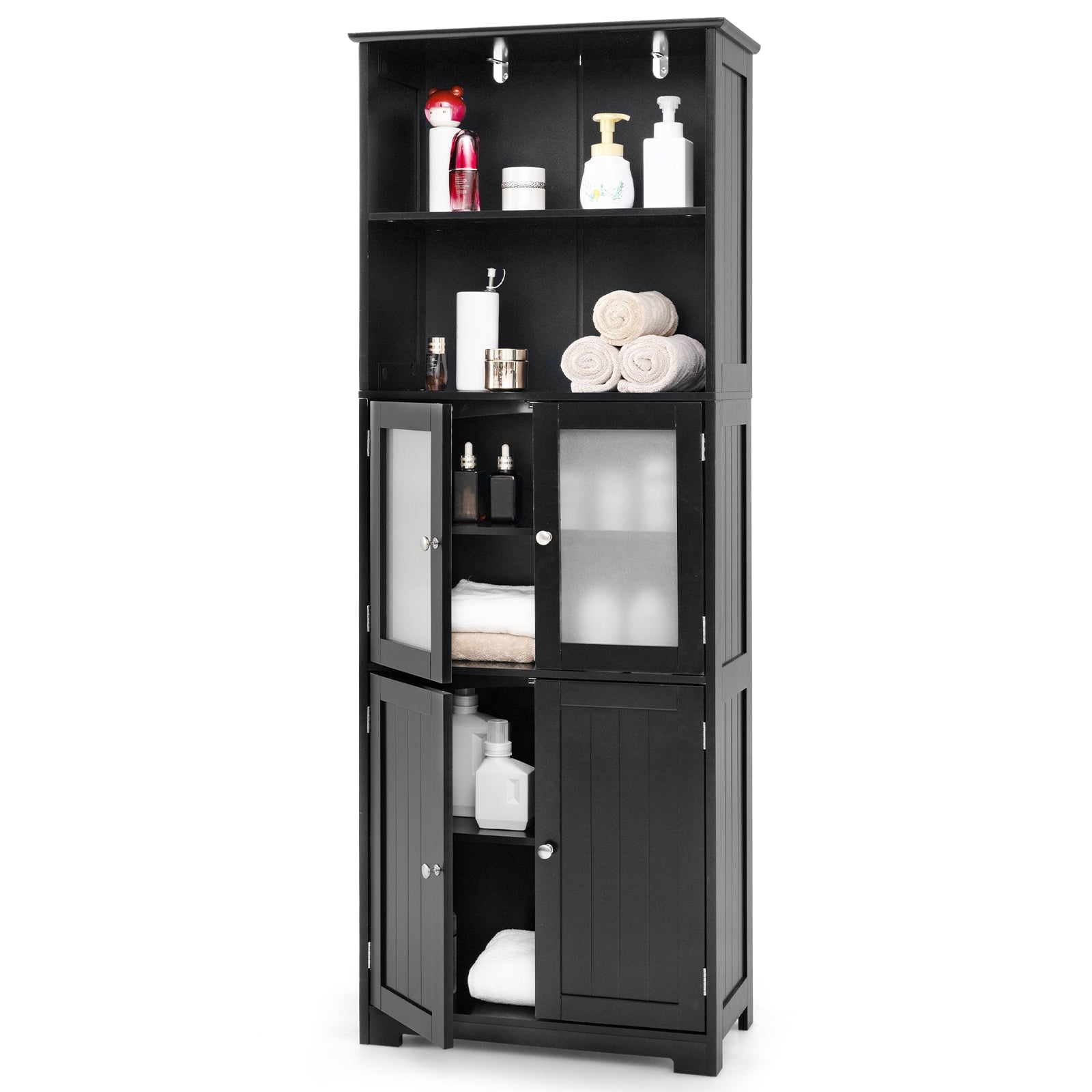 6-Tier Freestanding Bathroom Cabinet with 2 Open Compartments and Adjustable Shelves, Black Floor Cabinets at Gallery Canada