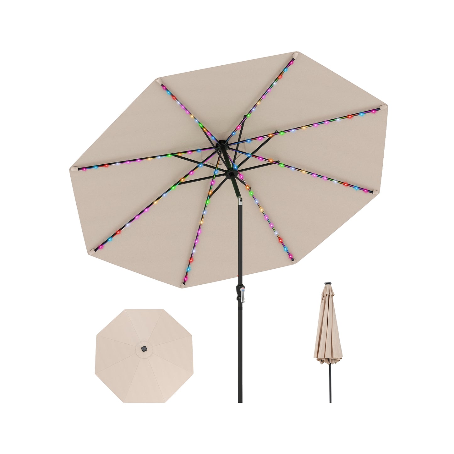 10 Feet Solar Patio Umbrella with 96 Multi-Colored Flowing LED Lights and Tilt Adjustment, Beige Outdoor Umbrellas at Gallery Canada