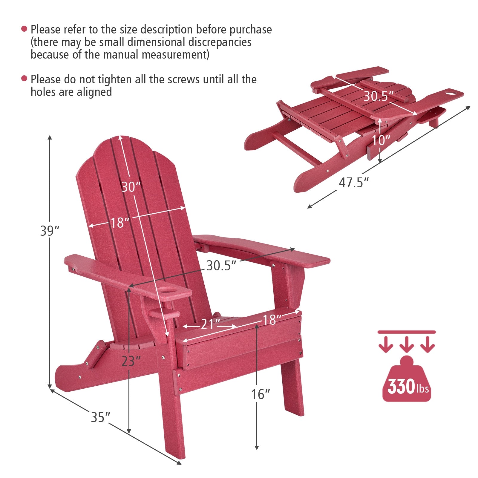 Foldable Weather Resistant Patio Chair with Built-in Cup Holder, Red Adirondack Chairs at Gallery Canada