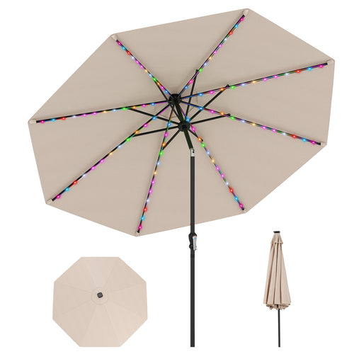 10 Feet Solar Patio Umbrella with 96 Multi-Colored Flowing LED Lights and Tilt Adjustment, Beige