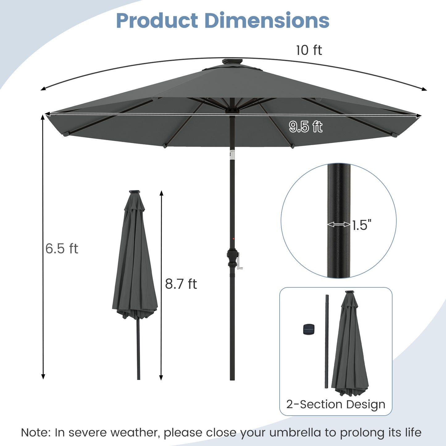 10 Feet Solar Patio Umbrella with 96 Multi-Colored Flowing LED Lights and Tilt Adjustment, Gray Outdoor Umbrellas at Gallery Canada