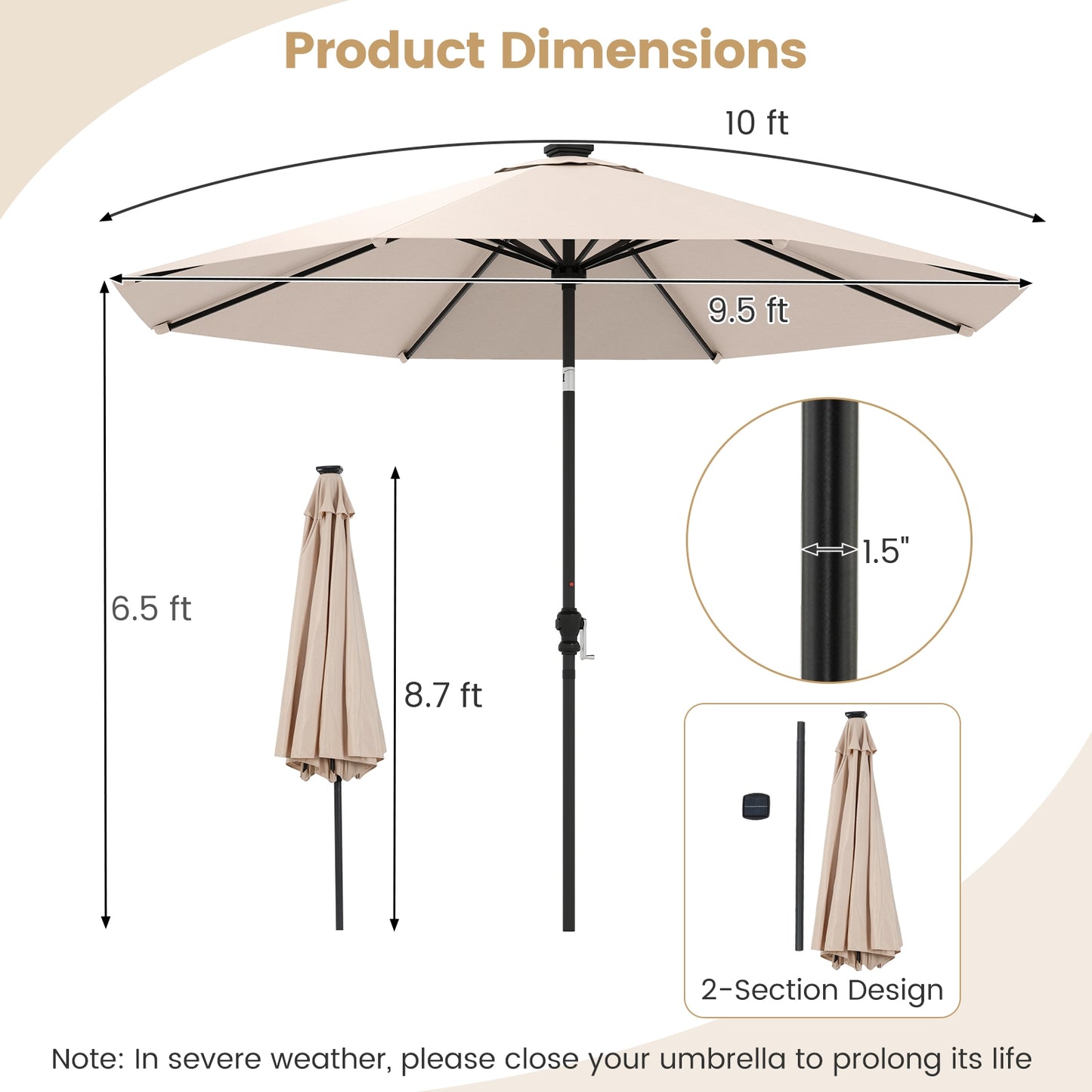 10 Feet Solar Patio Umbrella with 96 Multi-Colored Flowing LED Lights and Tilt Adjustment, Beige Outdoor Umbrellas at Gallery Canada