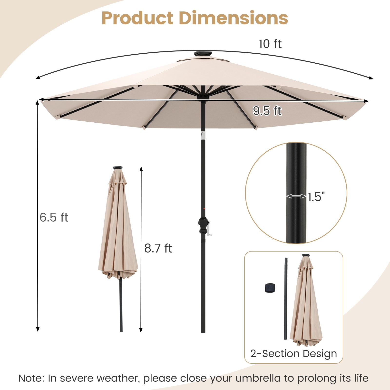 10 Feet Solar Patio Umbrella with 96 Multi-Colored Flowing LED Lights and Tilt Adjustment, Beige Outdoor Umbrellas at Gallery Canada