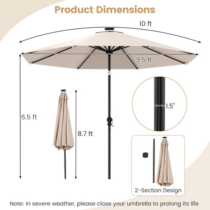10 Feet Solar Patio Umbrella with 96 Multi-Colored Flowing LED Lights and Tilt Adjustment, Beige Outdoor Umbrellas at Gallery Canada