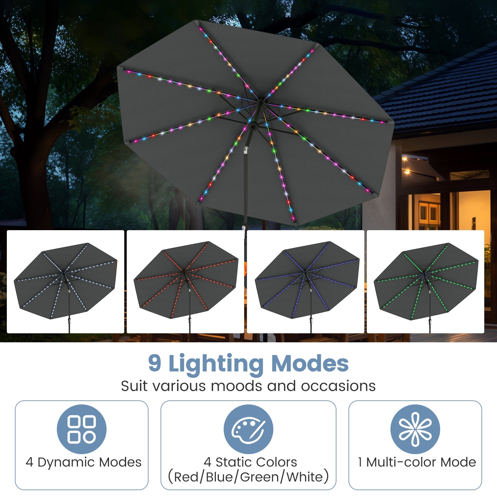 10 Feet Solar Patio Umbrella with 96 Multi-Colored Flowing LED Lights and Tilt Adjustment, Gray Outdoor Umbrellas at Gallery Canada