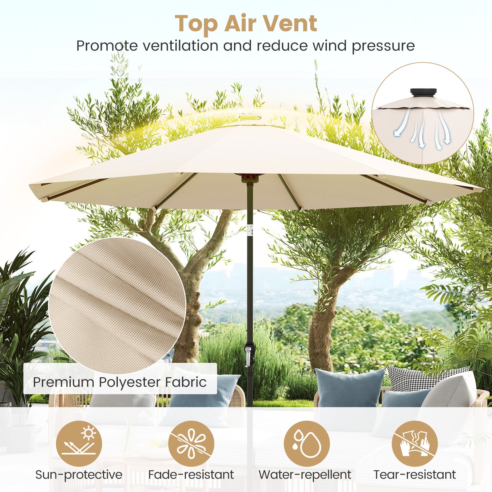 10 Feet Solar Patio Umbrella with 96 Multi-Colored Flowing LED Lights and Tilt Adjustment, Beige Outdoor Umbrellas at Gallery Canada